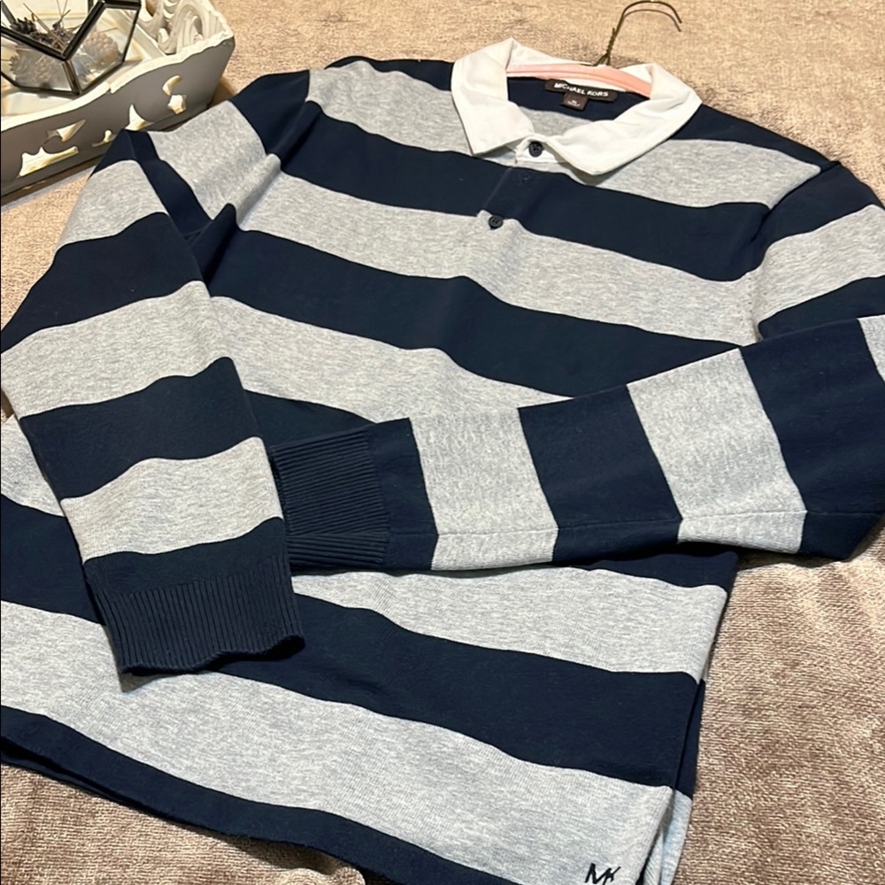 Michael Kors Men's Long Sleeve Striped Polo Shirt-  X-Large